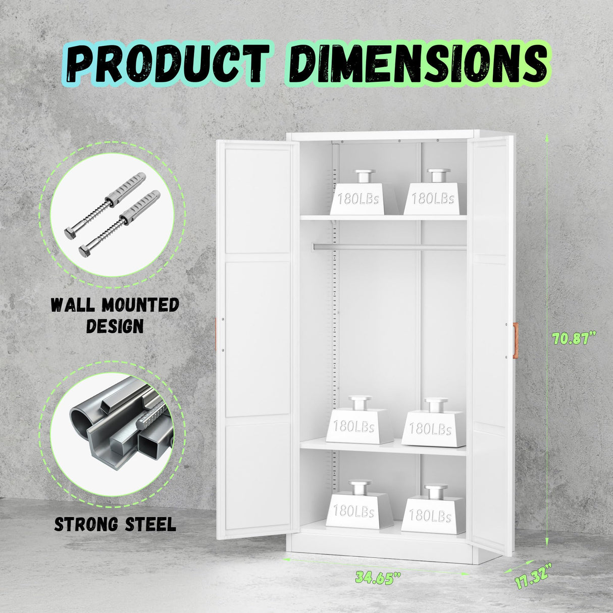 Bonusall Metal Wardrobe Cabinets with Single Rod and 2-Shelves, 70" Heavy-Duty Steel Clothing Storage Cabinets with 2 Doors, White Armoire Wardrobe Closet for Bedroom, Laundry Room or Living Room Bonusall