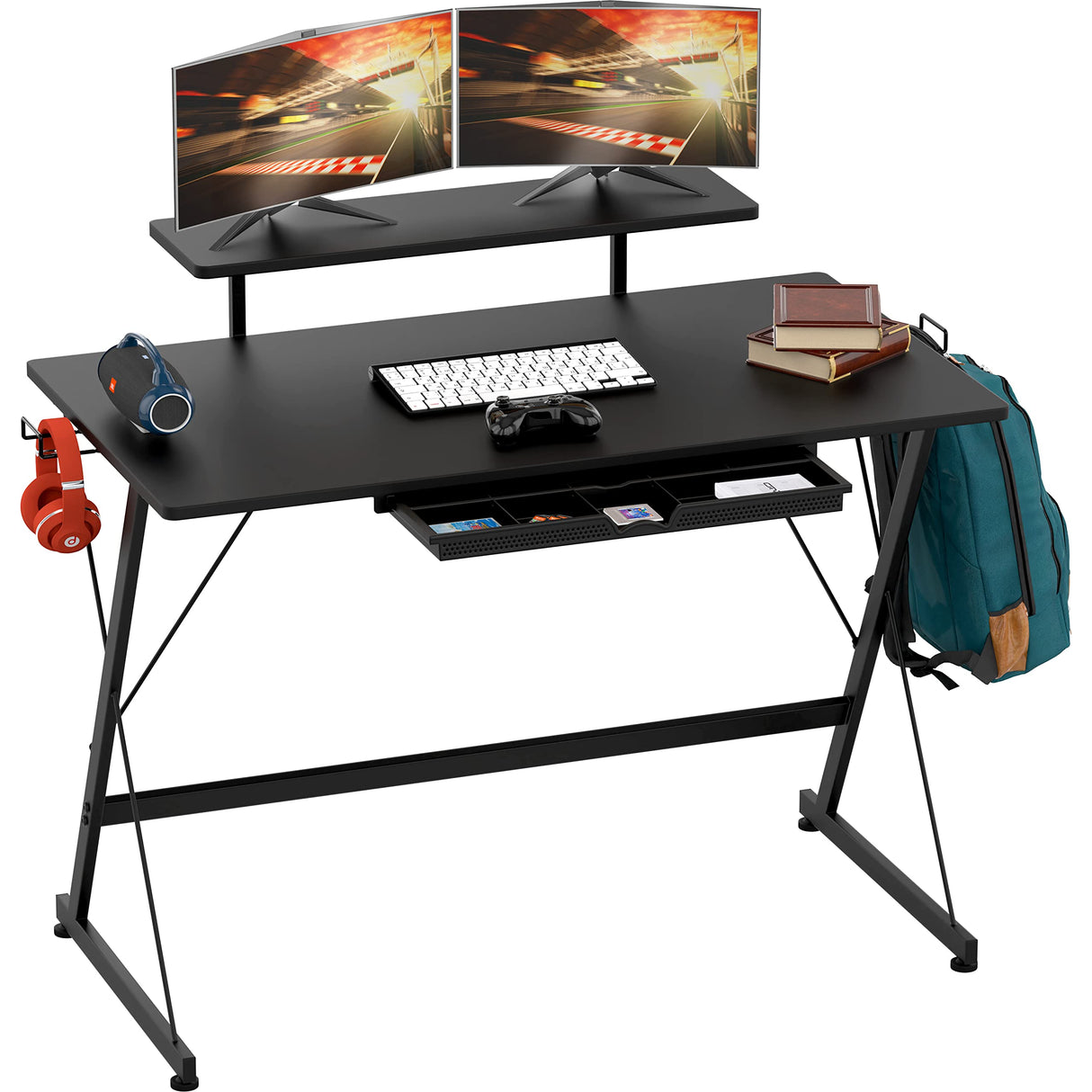 SHW 40 Inch Gaming Desk with Monitor Riser, Drawer and Hooks, Black SHW