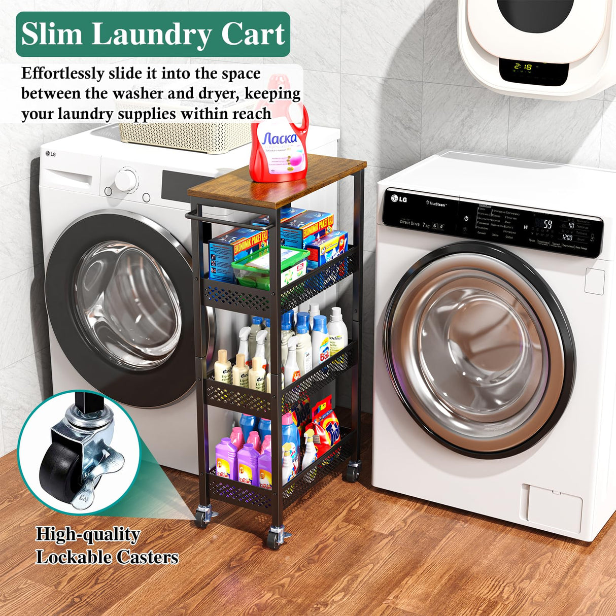 OKZEST Utility Slim Storage Cart, 4-Tier Narrow Bathroom Organizer and Storage Cart, Metal Narrow Kitchen Laundry Room Organization Rack with Wood Top, Slim Rolling Shelf with Wheels for Small Space OKZEST