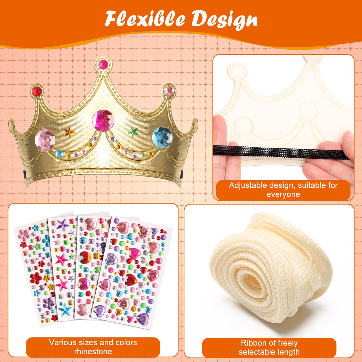 Hoedia 24+37Pcs Foam Crowns Set, Princess Tiaras and Foam DIY Crowns for Kids to Decorate for Birthday Party Crowns Favors with 24 Foam Crowns, 24 Wooden Wands, 12 Rhinestone Stickers,1 Silk Ribbon Hoedia