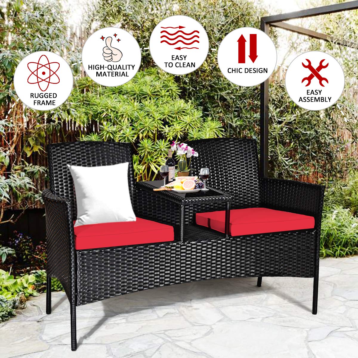 Tangkula Wicker Patio Conversation Furniture Set, Outdoor Furniture Set with Removable Cushions & Table, Tempered Glass Top, Modern Rattan Bench for Garden Lawn Backyard Tangkula