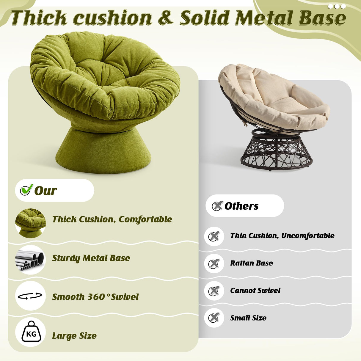 Papasan Chair with Cushion and Frame, 360° Swivel Accent Chair, Comfy Chenille Upholstered Round Modern Oversized Reading Lounger with Metal Base Lazy Chair for Bedroom, Living Room, Olive Green SLEERWAY
