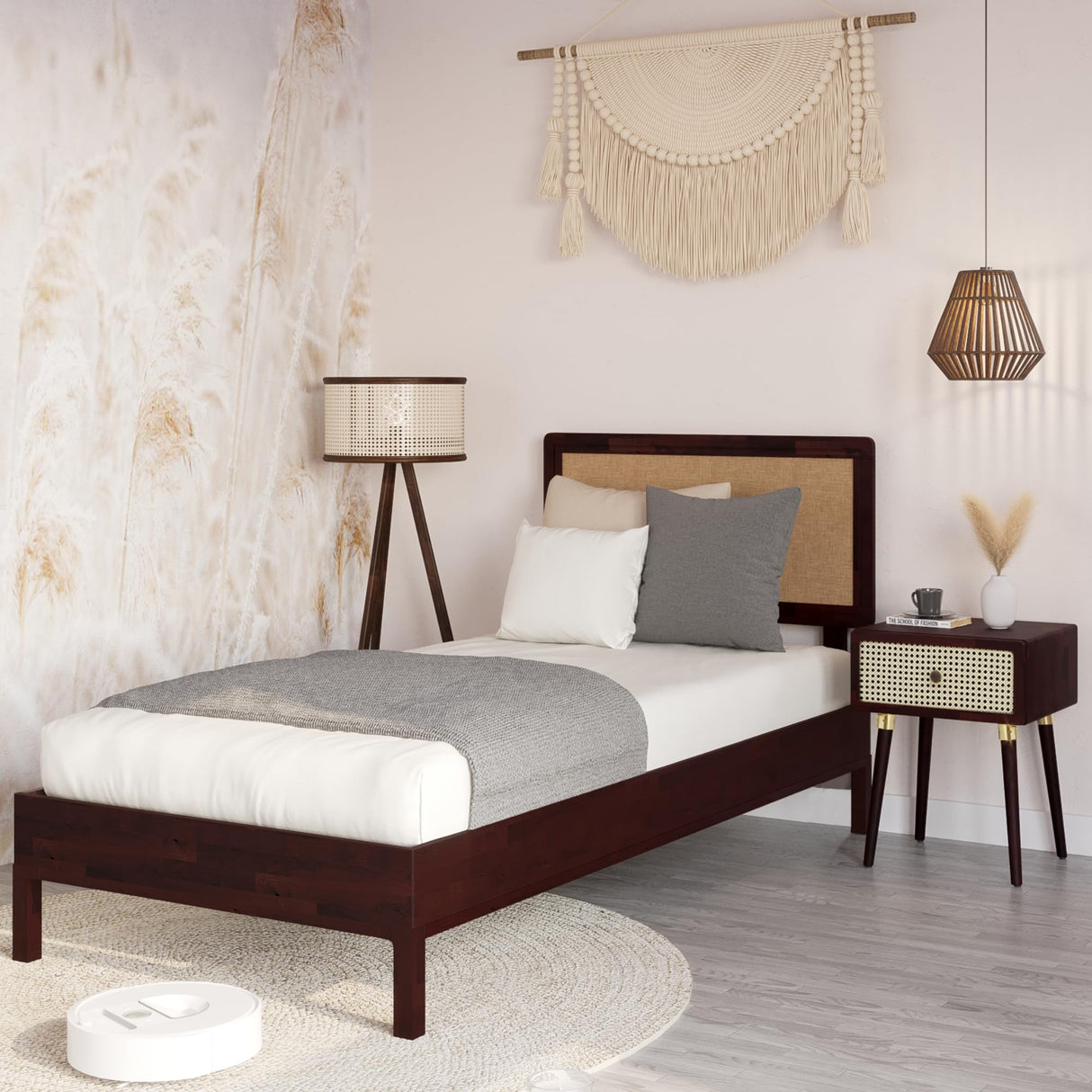 Bme Nipe 14 Inch Bohemian Bed Frame with Adjustable Woven Headboard - Rustic & Vintage Unique Style with Acacia Wood - No Box Spring Needed - Easy Assembly - Twin, Walnut Bme