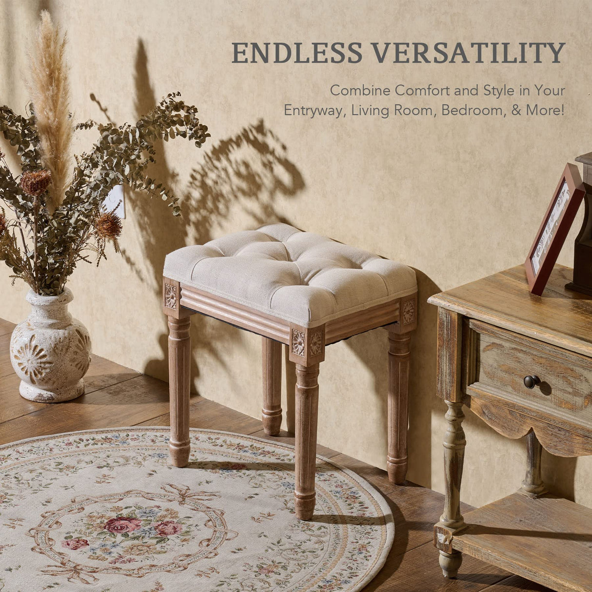 VONLUCE Ottoman Stool, 18.5 in High, Beige, with Padded Seat, Wood Frame, Button Tufted, for Dining, Living Room, Bedroom, Piano, Dressing, Vanity, Foot Rest VONLUCE