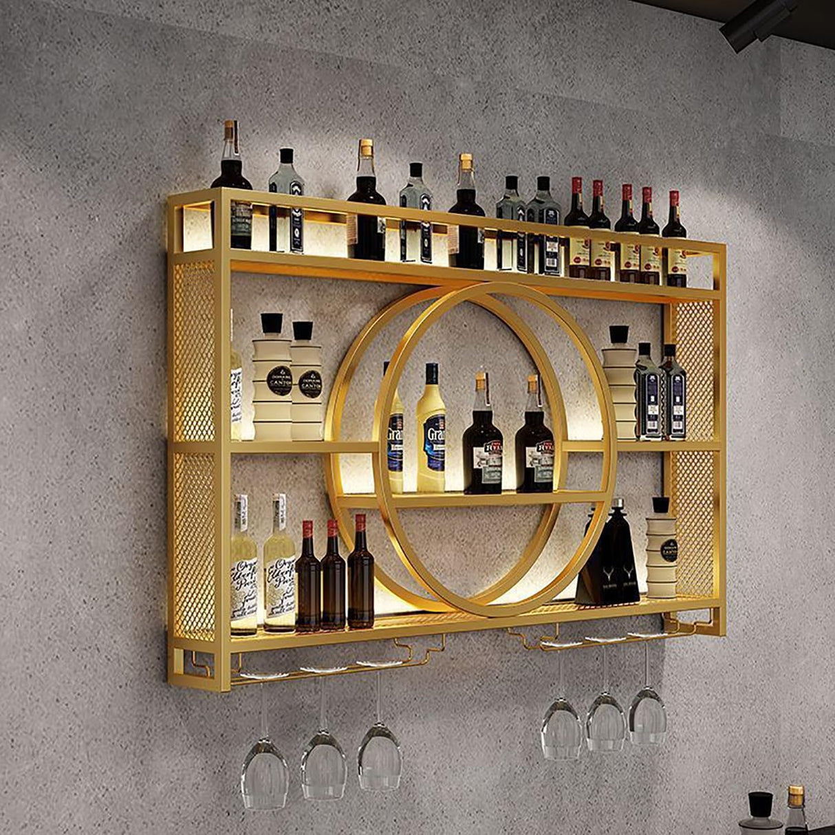 OMKUOSYA Wine Rack Wall Mounted with LED Light, 3-Tier Metal Floating Bar Shelves Wine Glass Holder, Liquor Bottle Storage Display Shelf for Home Bar, Dining Room & Kitchen (Gold, 39.4in/100cm) OMKUOSYA