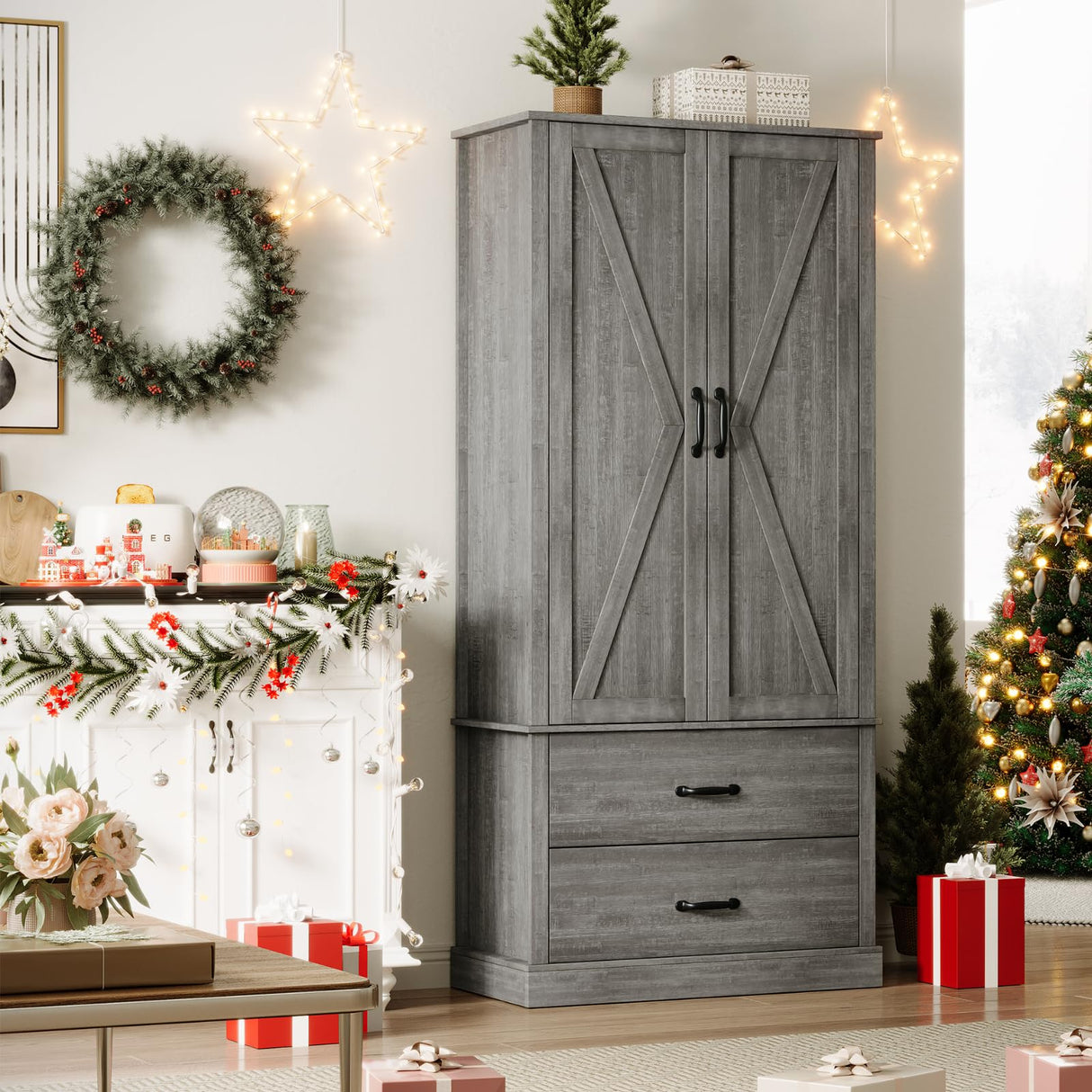 FinerFurnis Kitchen Pantry Storage Cabinet, 65" Tall Food Pantry Cabinet with 3 Storage Shelves and 2 Large Drawers, Farmhouse Kitchen Cupboard for Living Room, Dining Room, Grey FinerFurnis