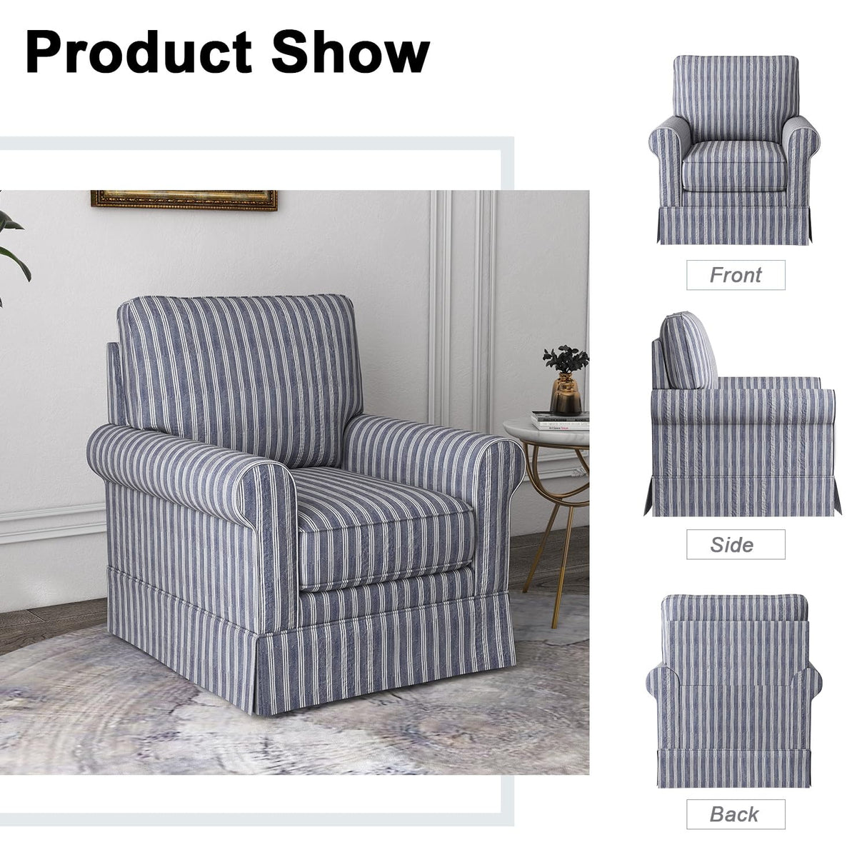 INZOY Swivel Accent Chair Set of 2, Mid Century Modern Reading Chair, Upholstered Swivel Square Chair for Living Room Bedroom Small Spaces, Fully Assembled, Blue Stripe INZOY