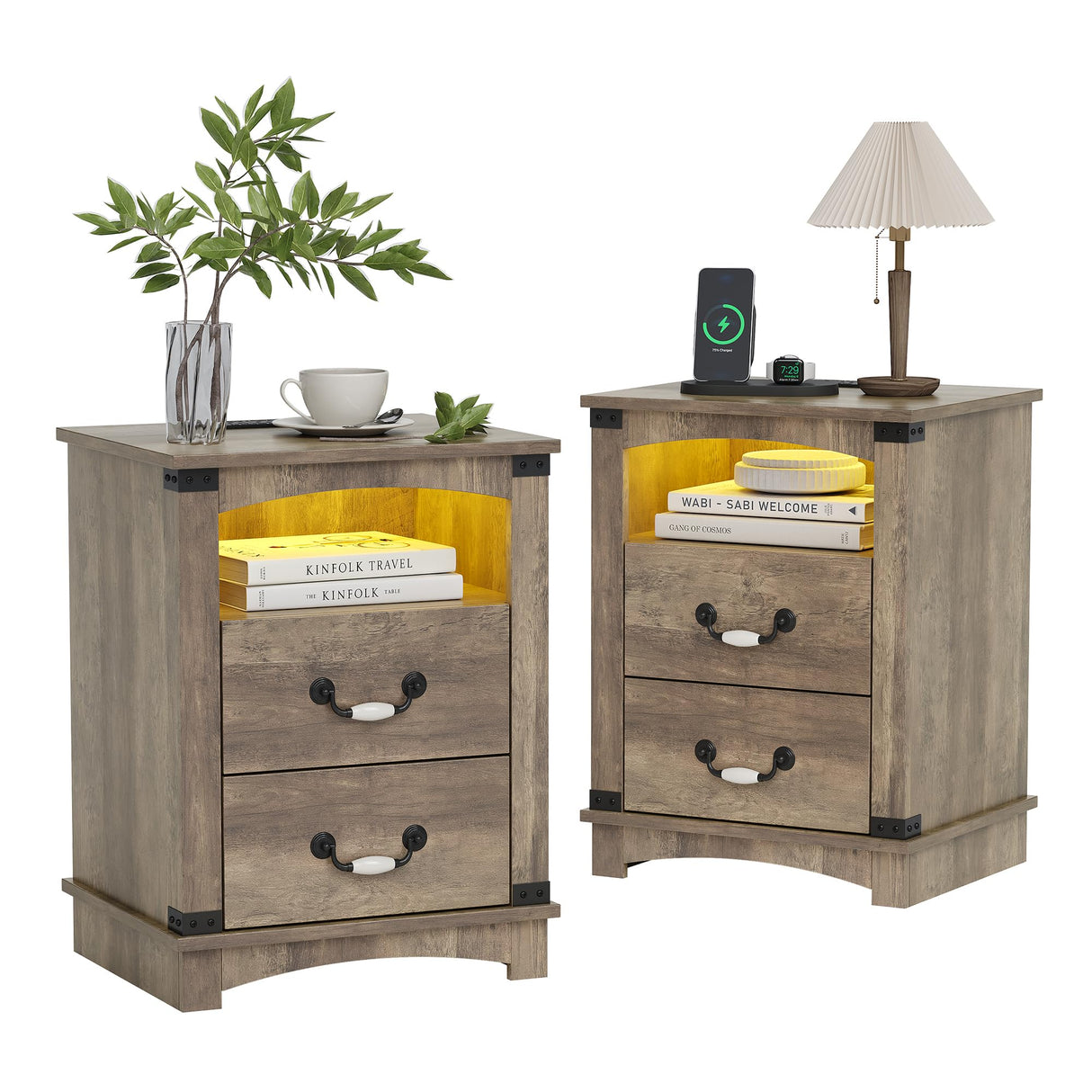 Maupvit Farmhouse Night Stand with Charger Station & Ceramic Handle, Wood Nightstand with 2 Storage Drawers, LED Bedroom Nightstand, Bedside Tables, Grey Maupvit