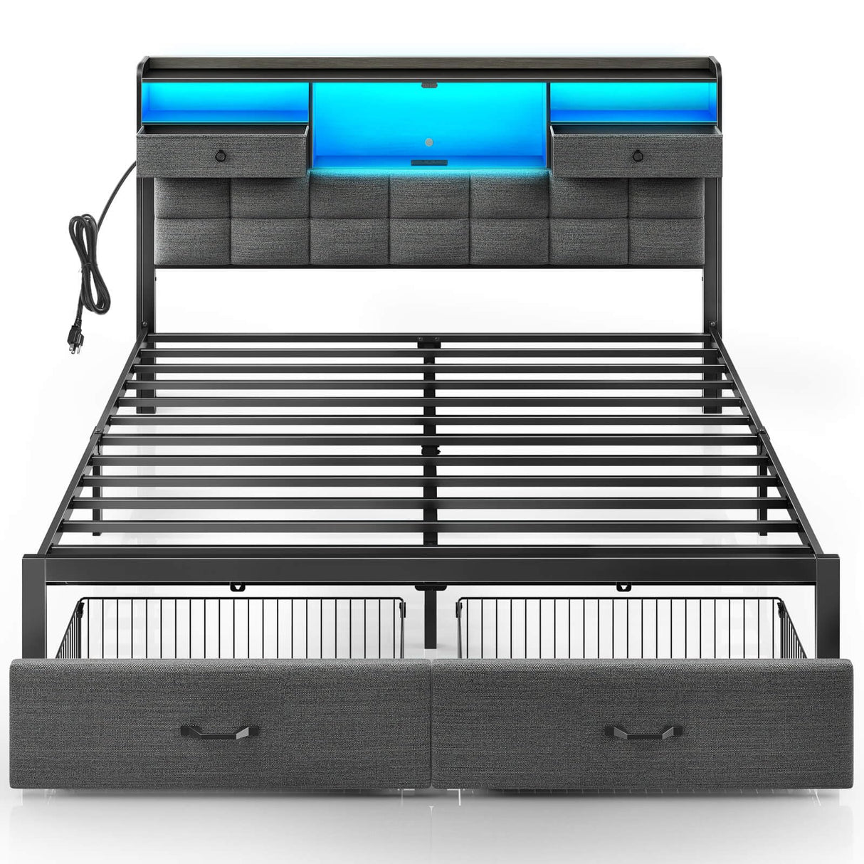 Rolanstar Bed Frame King Size with Drawers and Charging Station, Upholstered Platform Bed with Storage Headboard and LED Light, Heavy Duty Metal Frame Support, No Box Spring Needed, Noise Free, Grey Rolanstar