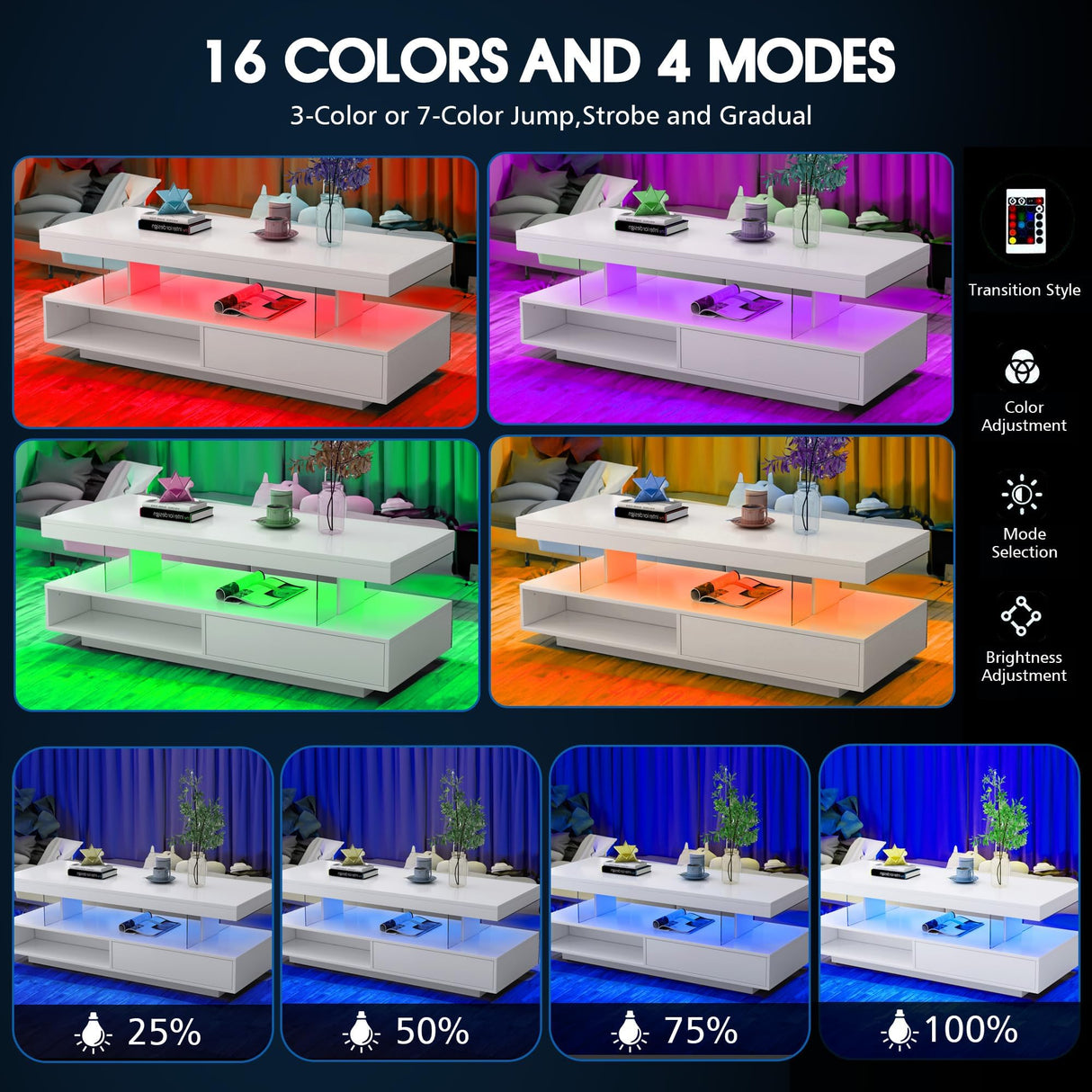 realglow LED Coffee Table with Storage, LED Coffee Tables for Living Room, High Gloss Coffee Table with LED Lights, Modern Center Table with Open Display Shelf & 2 Sliding Drawers (White) realglow