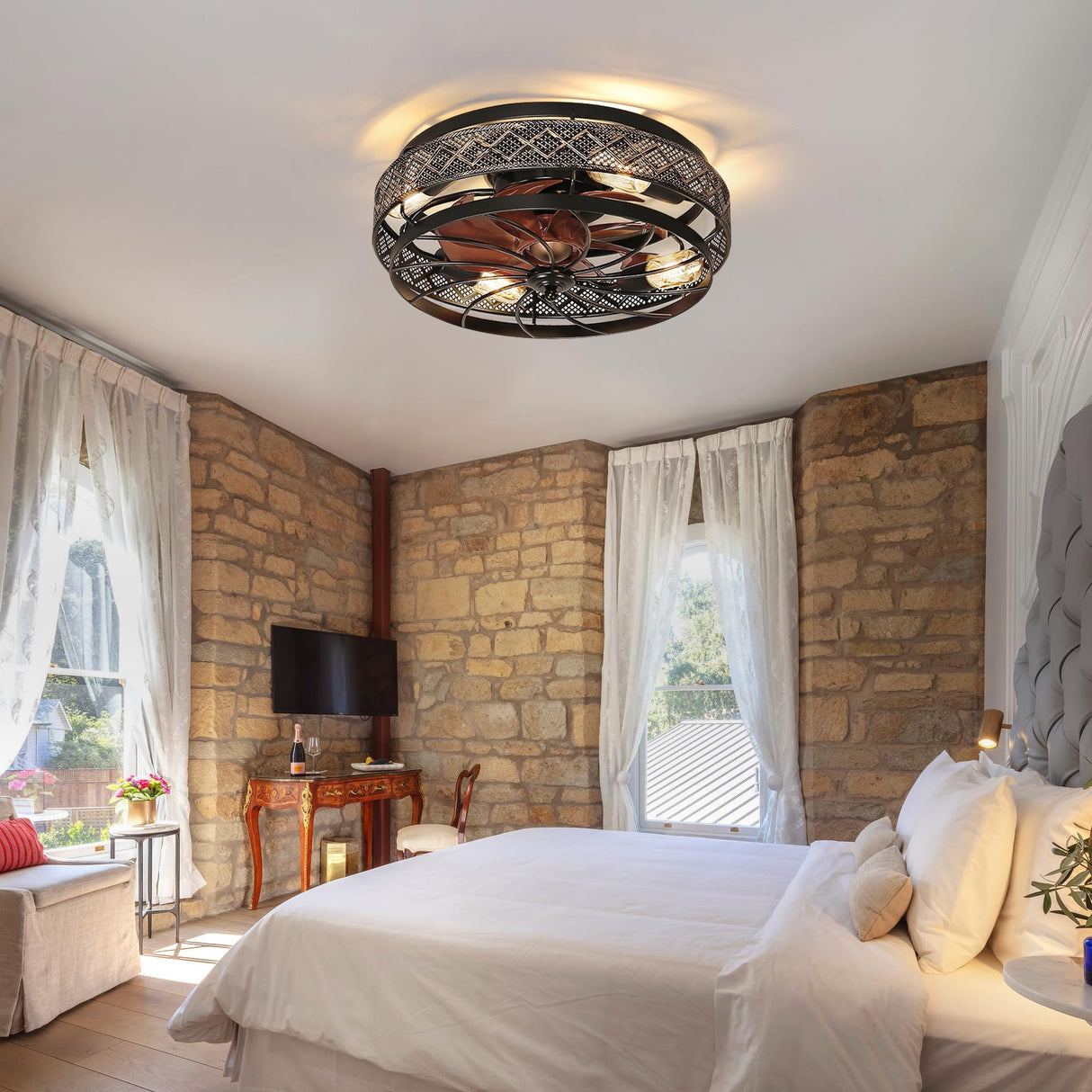 SHIHOT Low Profile Caged Ceiling Fans with Lights and Remote, Flush Mount Ceiling Fan with Light, Bedroom Fan, Small Industrial Black Ceiling Light Fixture, Reversible(Bulbs not Included) SHIHOT