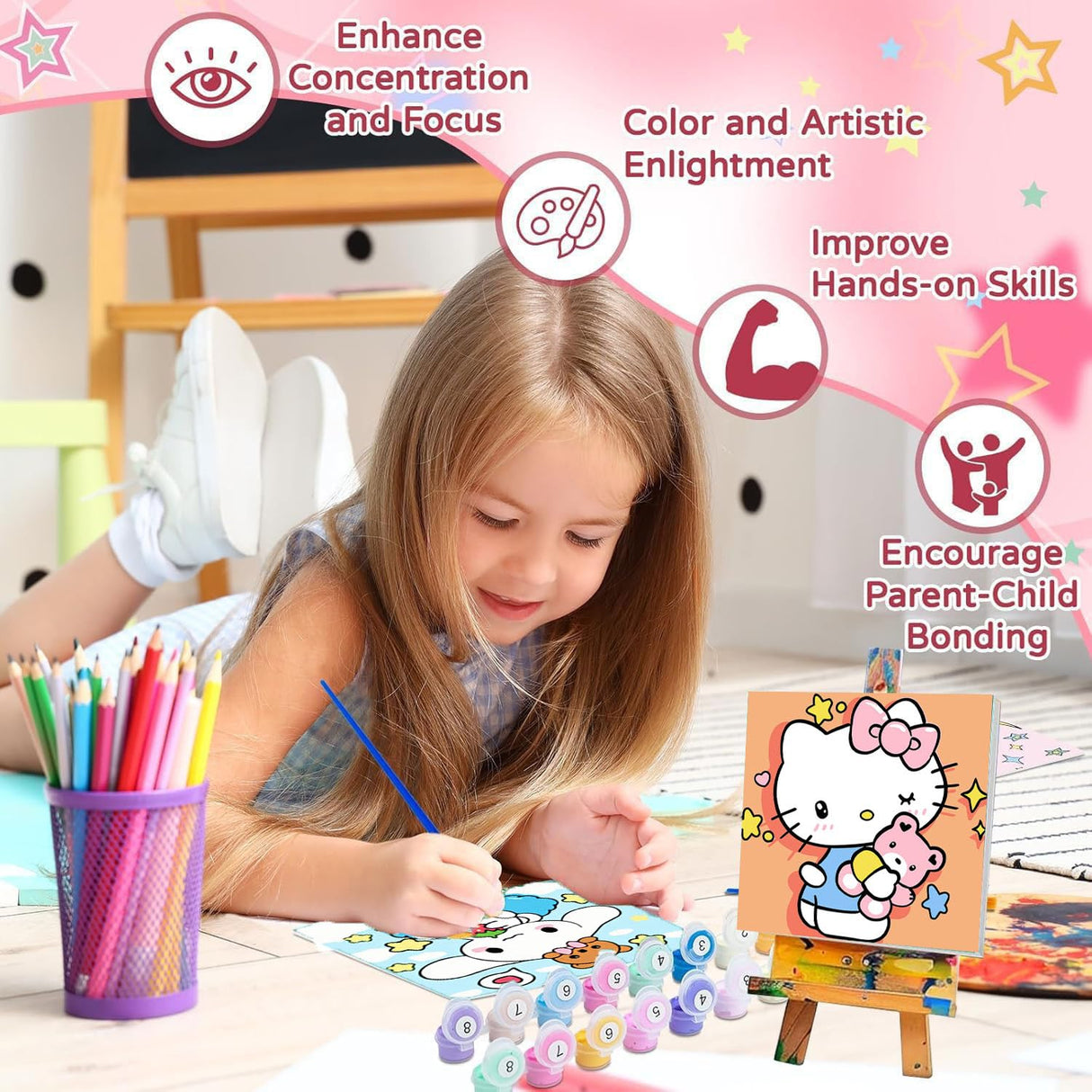 Sretoul 4 Pack Cartoon Paint by Numbers Kit for Kids with Frame - Wooden Easel, Cute Kids Paint by Numbers Ages 4 8 12, DIY Acrylic Oil Painting for Home Wall Decor (8x8 inch) Sretoul
