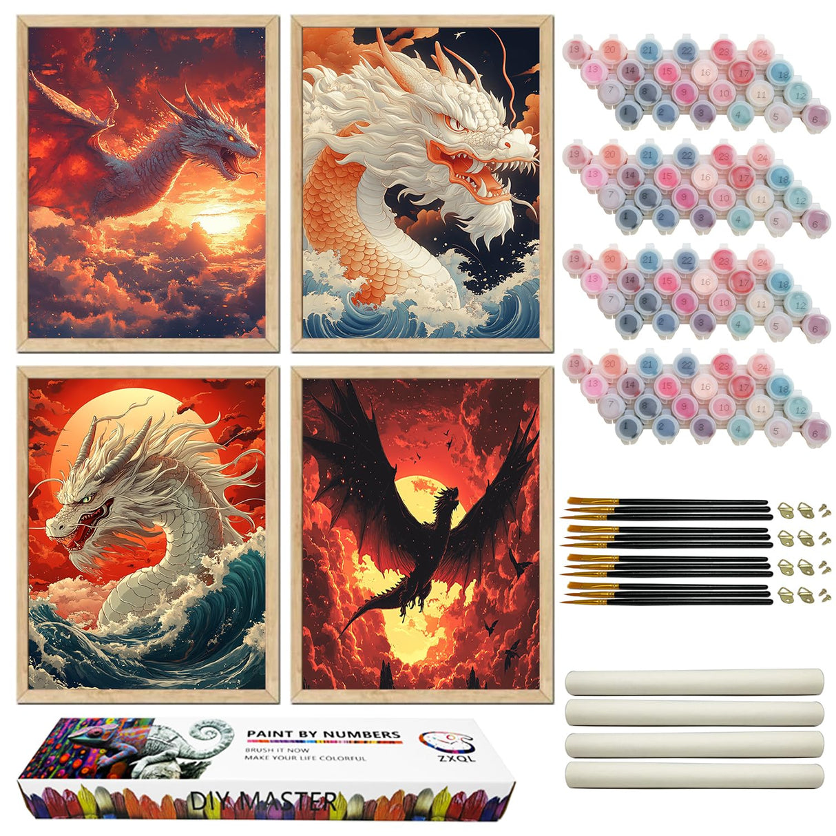 ZXQL Dragon 4 Pack Paint by Numbers Kit for Adults Beginners, 12" Wx16 L Paint by Numbers for Adults Rolled up Canvas for Painting Home Decor Creative Wall Art with Nice Gift Box ZXQL