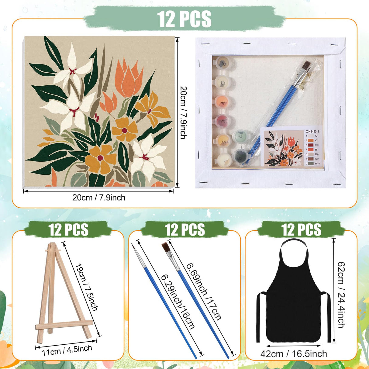 MotiMind 12 Sets Framed Paint by Number Kit for Adults with 12 Wooden Easels, 12 Disposable Apron, 12 Pigment 12 Brush, 12 Palette, DIY Acrylic Paint by Number Kits for Party(Flower) MotiMind