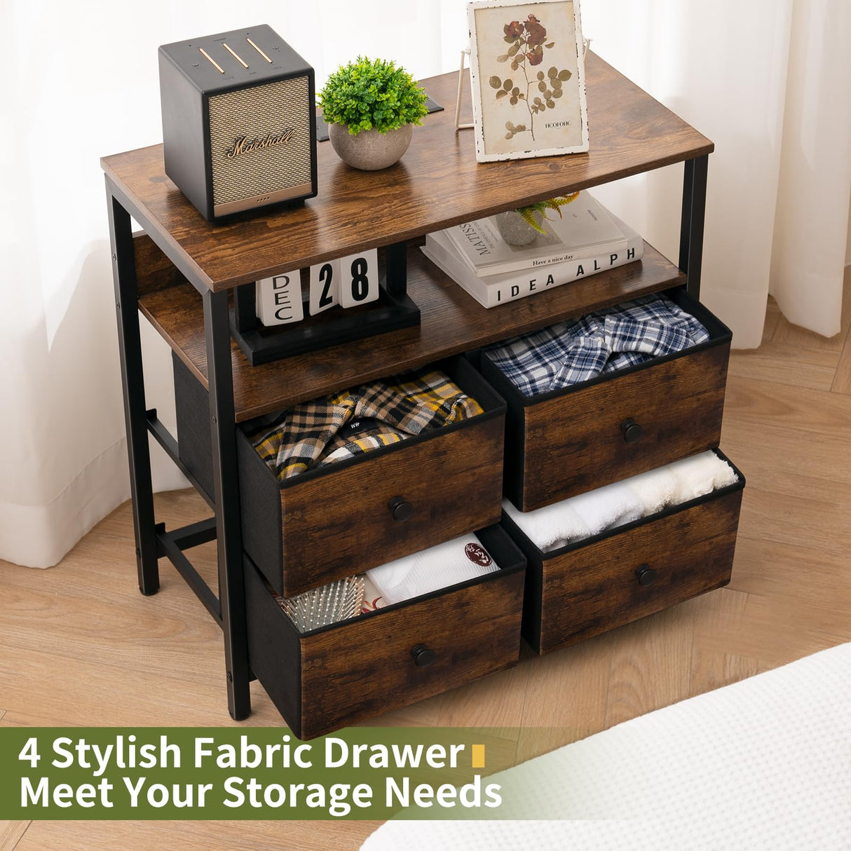 Yoobure Night Stand with Charge Station, Nightstand with 4 Drawers Bedside Table, LED Dresser with Storage Shelf, Night Stands for Bedroom, Side Table 3-Tier Wood End Table for Home Rustic Brown Yoobure