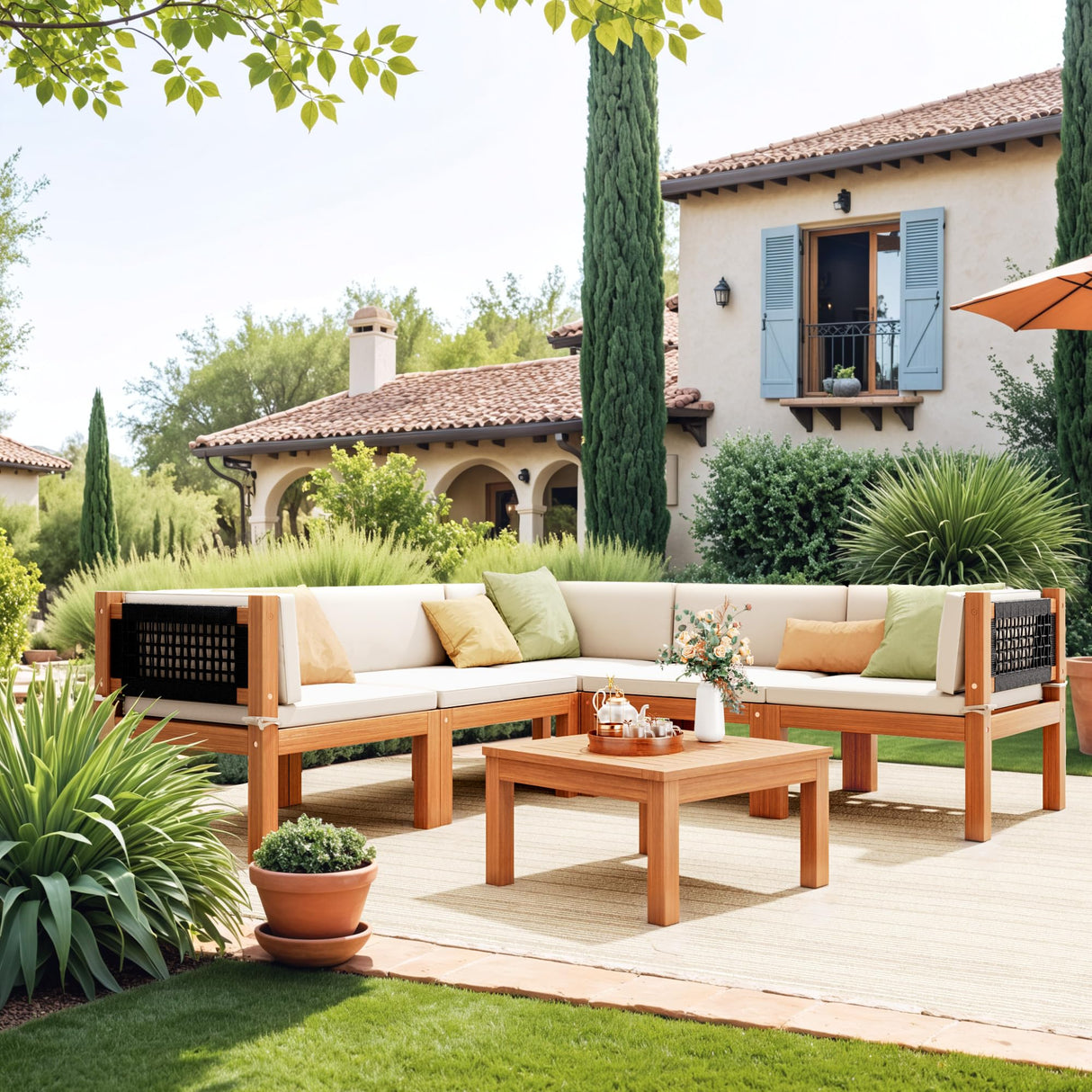 Devoko Outdoor Sectional Couch 6 Pieces Patio Sectional Sofa with Acacia Wood Coffee Table, Outdoor L-Shaped Couch with All-Weather Cushion for Patio,Deck,Backyard(White) Devoko