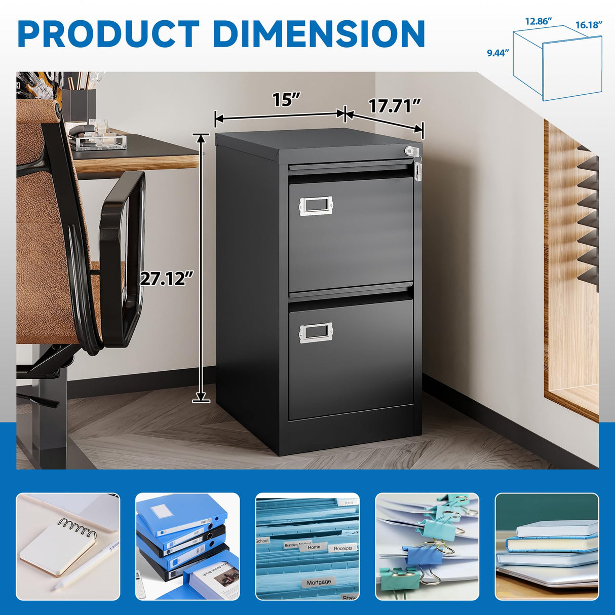 BYNSOE 2 Drawer File Cabinet with Lock Metal Vertical Filing Storage Cabinet Office Home Steel Vertical File Cabinets for A4 Legal/Letter Size Narrow File Cabinet Locked,Assembly Required BYNSOE