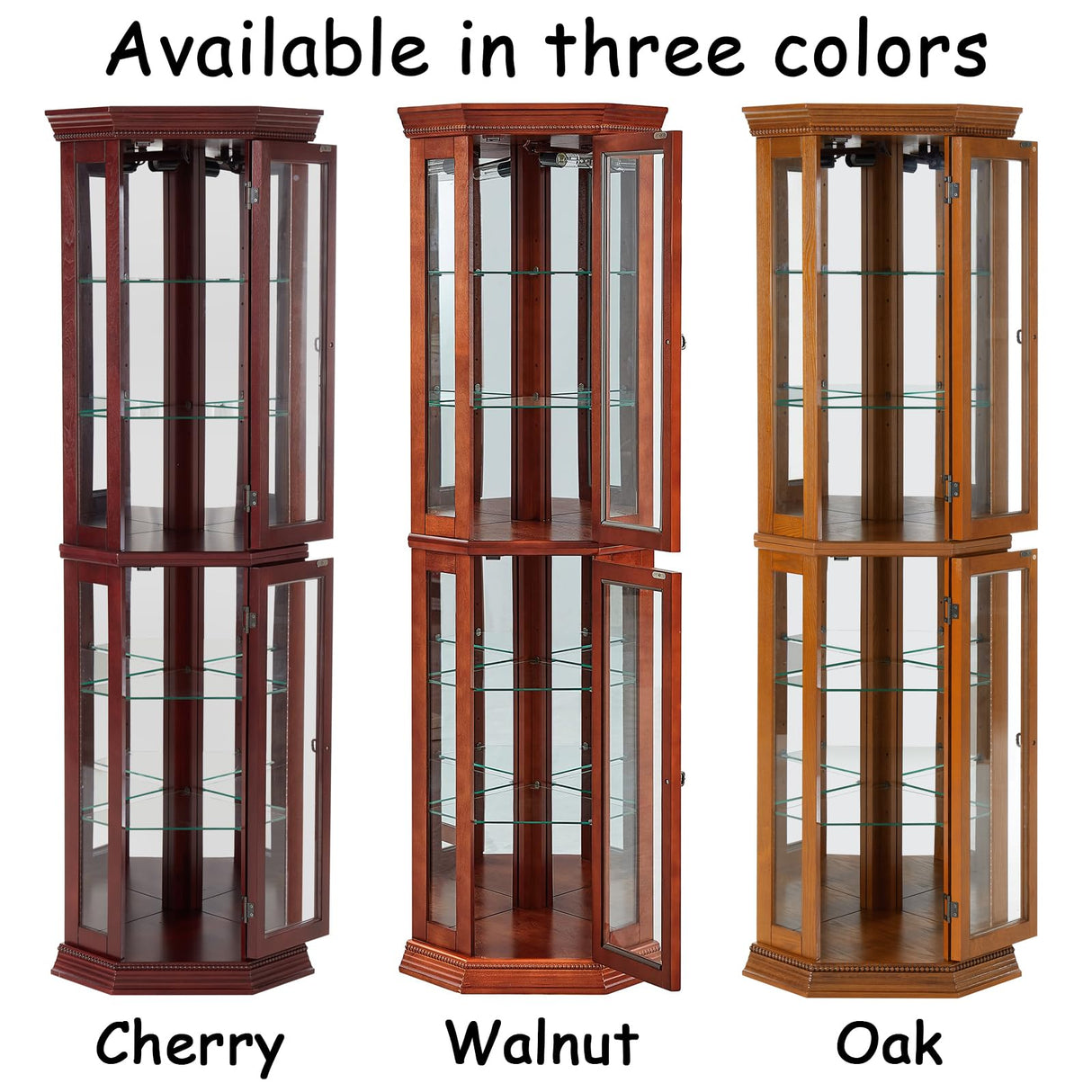 HomJoones Lighted Corner Display Curio Cabinet Wooden Curved Shelving Unit with Tempered Glass Door, Adjustable Tempered Glass Shelves, Bar and Liquor Storage Area, Display Cabinet (Cherry) HomJoones