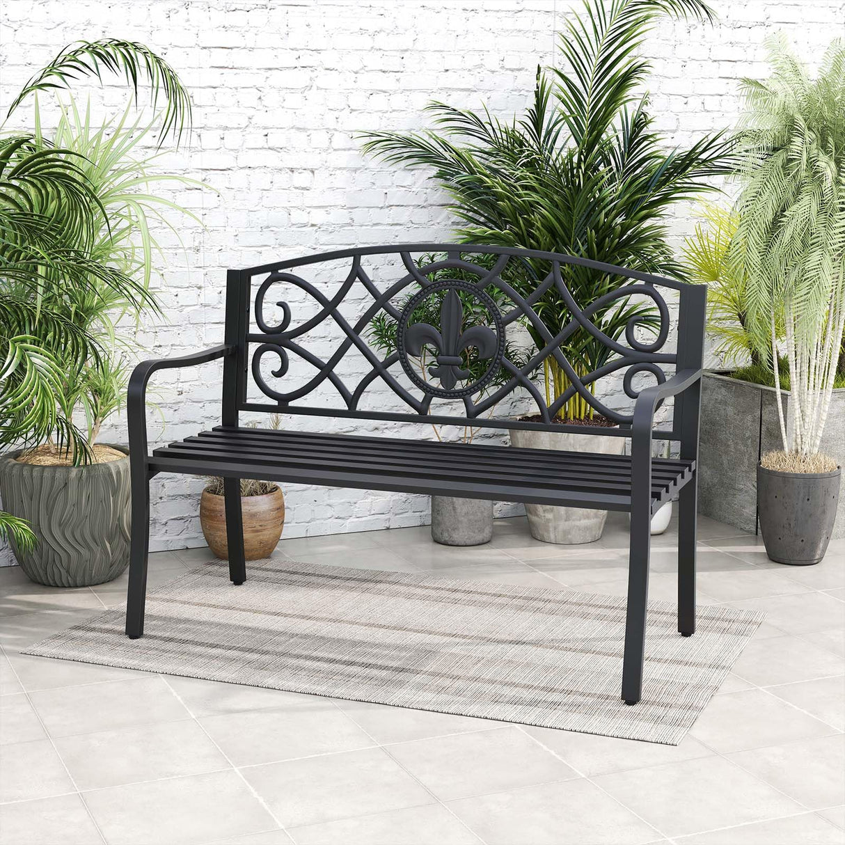 Giantex 50.5” Outdoor Bench with Metal Frame, Floral Design Cast Iron Backrest, Slatted Seat, Adjustable Foot Pads, Load 660Lbs, Garden Bench for Outside Patio Backyard Porch Park, Black Giantex