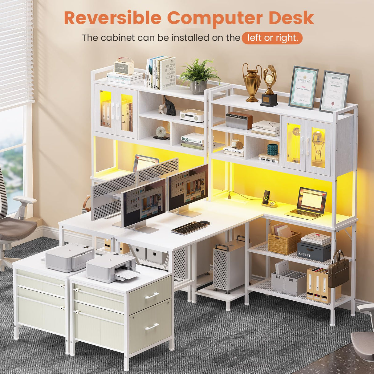 VIGKOOK L-Shaped Gaming Desk with Hutch & Power Outlet - 69.7in White Home Office Desk VIGKOOK