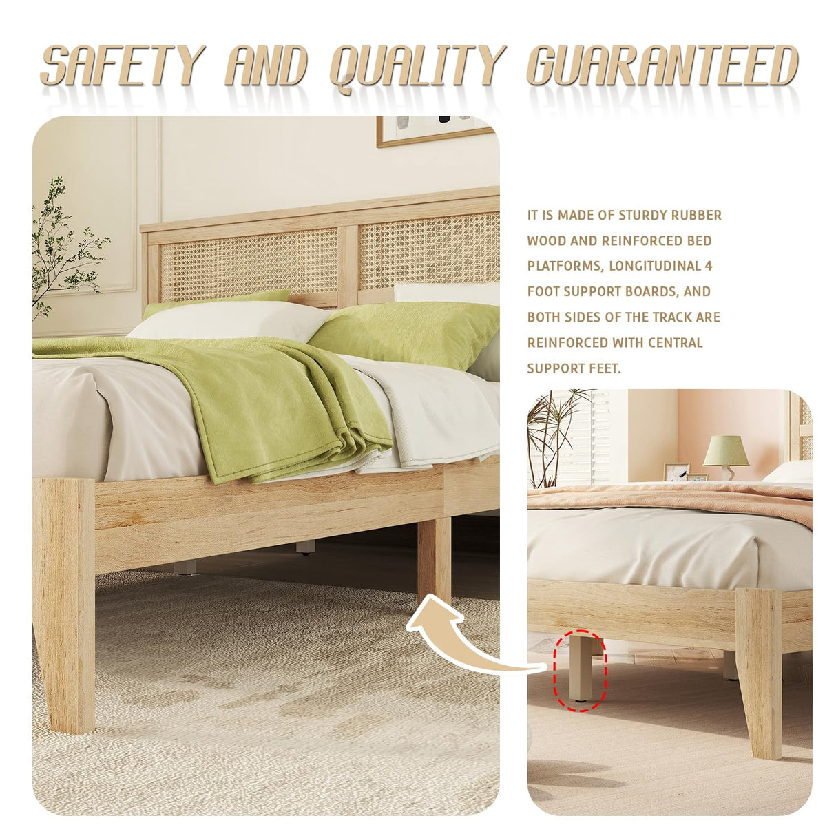 anwickjeff Boho Queen Size Bed Frame with Natural Rattan Headboard, Wooden Platform Bedframe, Under Bed Spacious Storage, No Box Spring Needed (Natural, Queen) anwickjeff