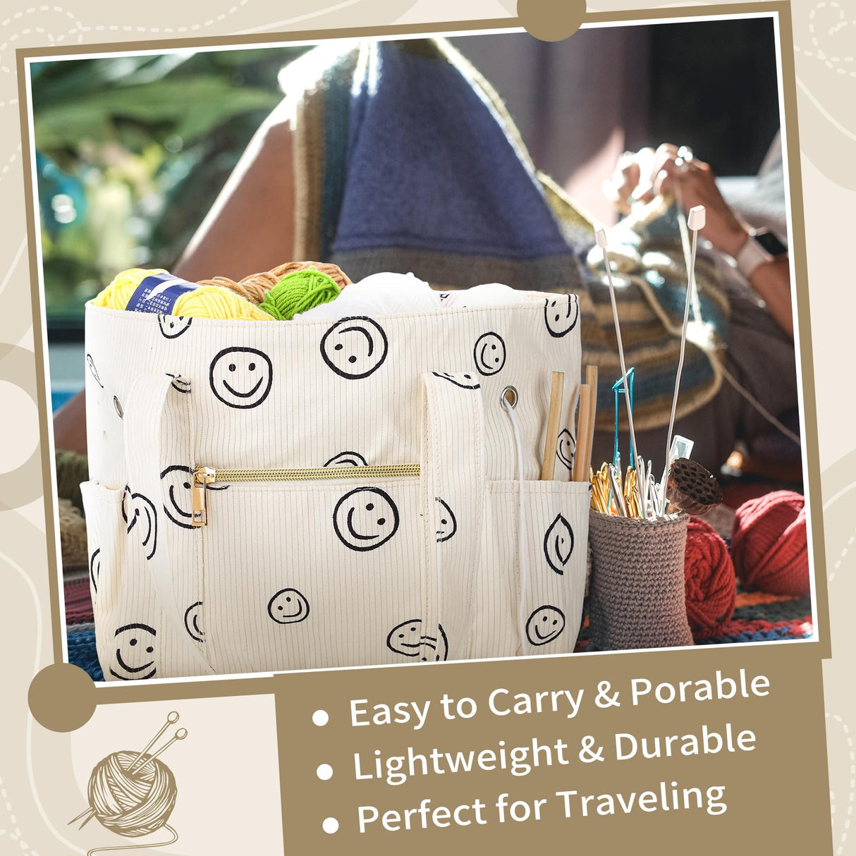 Bulyoou 2 Pcs Crochet Bag and Tote Set Corduroy Yarn Crochet Tote Bag for Hooks Organizer Smile Face Design Yarn Holder for Mother's Day Gift Lovers Knitting Accessories Bulyoou