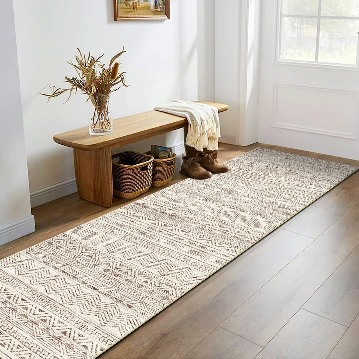 Moroccan Washable Hallway Runner Rug - 2'6"x12' Non Slip Floor Mat for Kitchen Low Pile Living Room Carpet with Rubber Backing Bedroom Rugs for Entryway 2'6"x12' Beige Ksrau