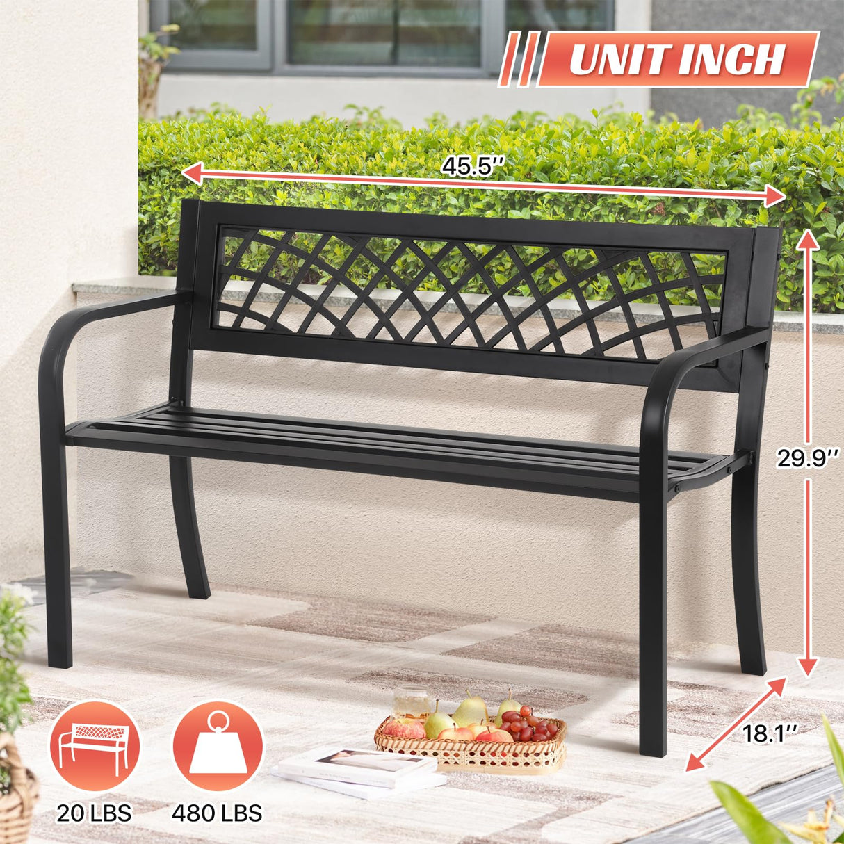 Garden Bench Patio Bench Outdoor Park Bench Metal Outside Porch Chair Seat Cast Iron Steel Frame Sturdy Bench Patio Furniture for Yard Porch Entryway Lawn Decor Deck, Black, 46 in HGS