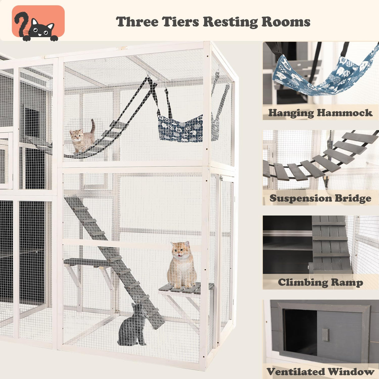 QUYZE Catio Outdoor Cat Enclosure, Large Outdoor Cat House for Mulitiple Cats, 4 Tiers Walk in Catio for Cats Outdoor Patio, 4 Tiers Cat Houses with Weatherproof Roof, Hanging Hammock, Bridge QUYZE