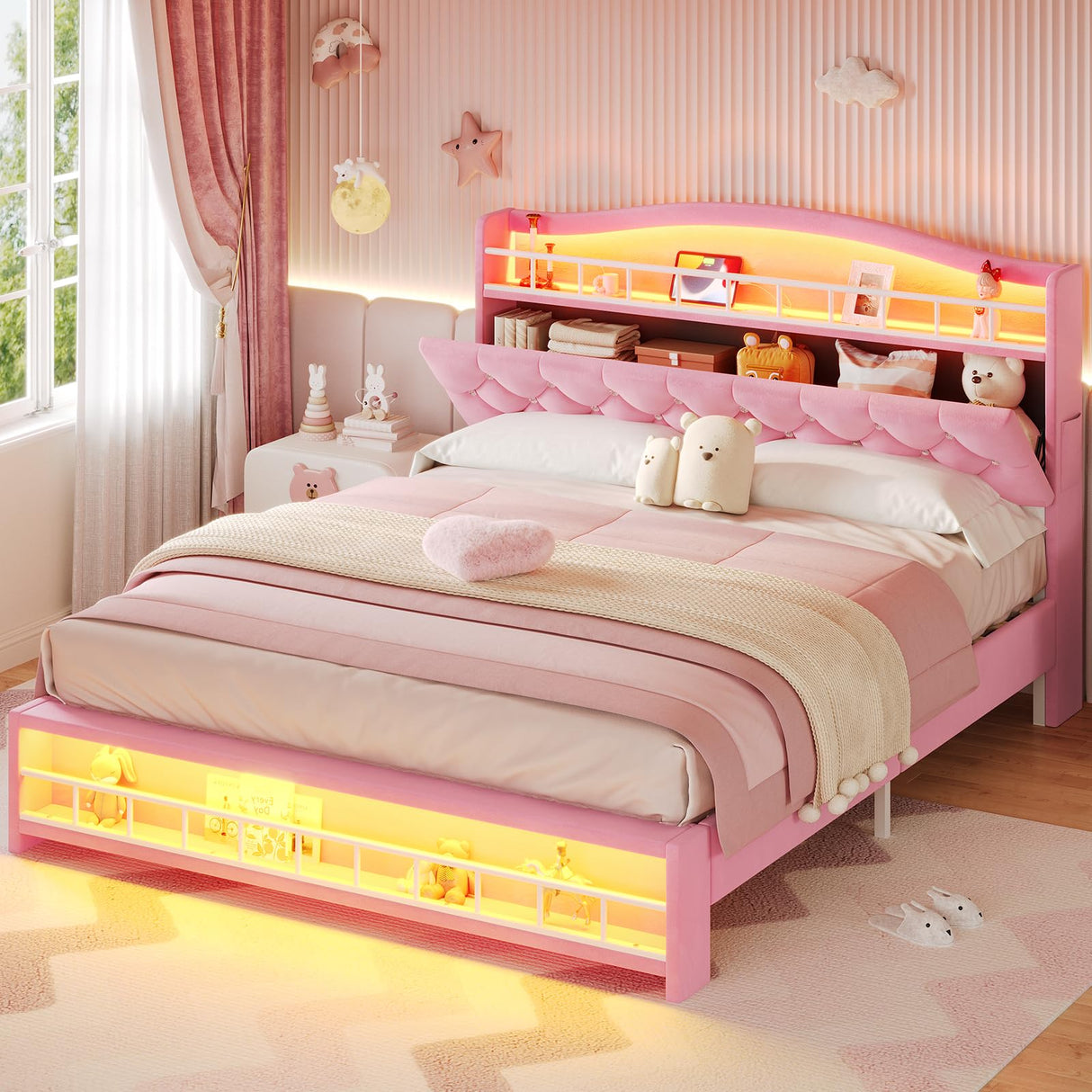 BTHFST Full Szie Girls Bed with LED Lights & Charging Station, Princess Full Size Bed Frame with Hidden Storage Headborad, Sturdy Platform Bed, No Box Spring Needed/Noise-Free/Easy Assembly, Pink BTHFST