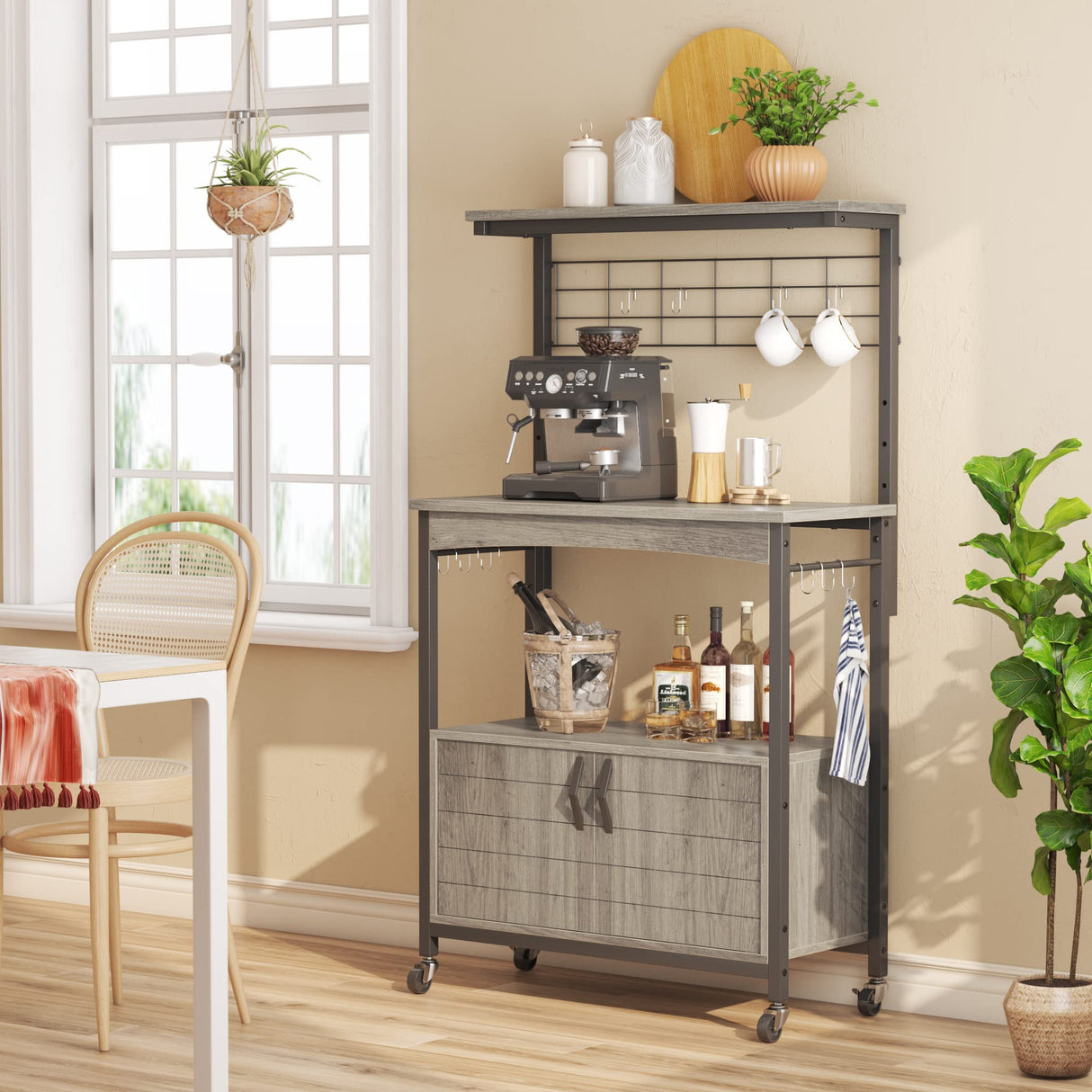 Bestier Adjustable Height Microwave Stand with Storage Cabinet and Wheels - Industrial Coffee Bar Shelf in Grey Wash Bestier