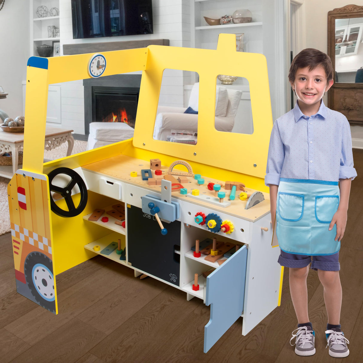 Construction Truck Wooden Playset w 60+ Toy Pieces- Pretend Hammer Saw Bolts & Screws- Spinning Turn Saw, Steering Wheel & Wood to Saw Apart, Dual Sided Play Stand, Workbench Building for Kids Gift Svan