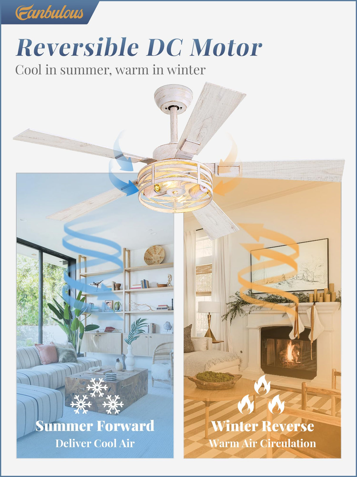 Farmhouse Ceiling Fans with Light, 48 Inch Bedroom Ceiling Fan with Lights, 6-Speed Adjustable, Quiet and Reversible DC Motor, 5 Dual Finish Blades, Rustic Caged Ceiling Fan,White and Gold Color Fanbulous