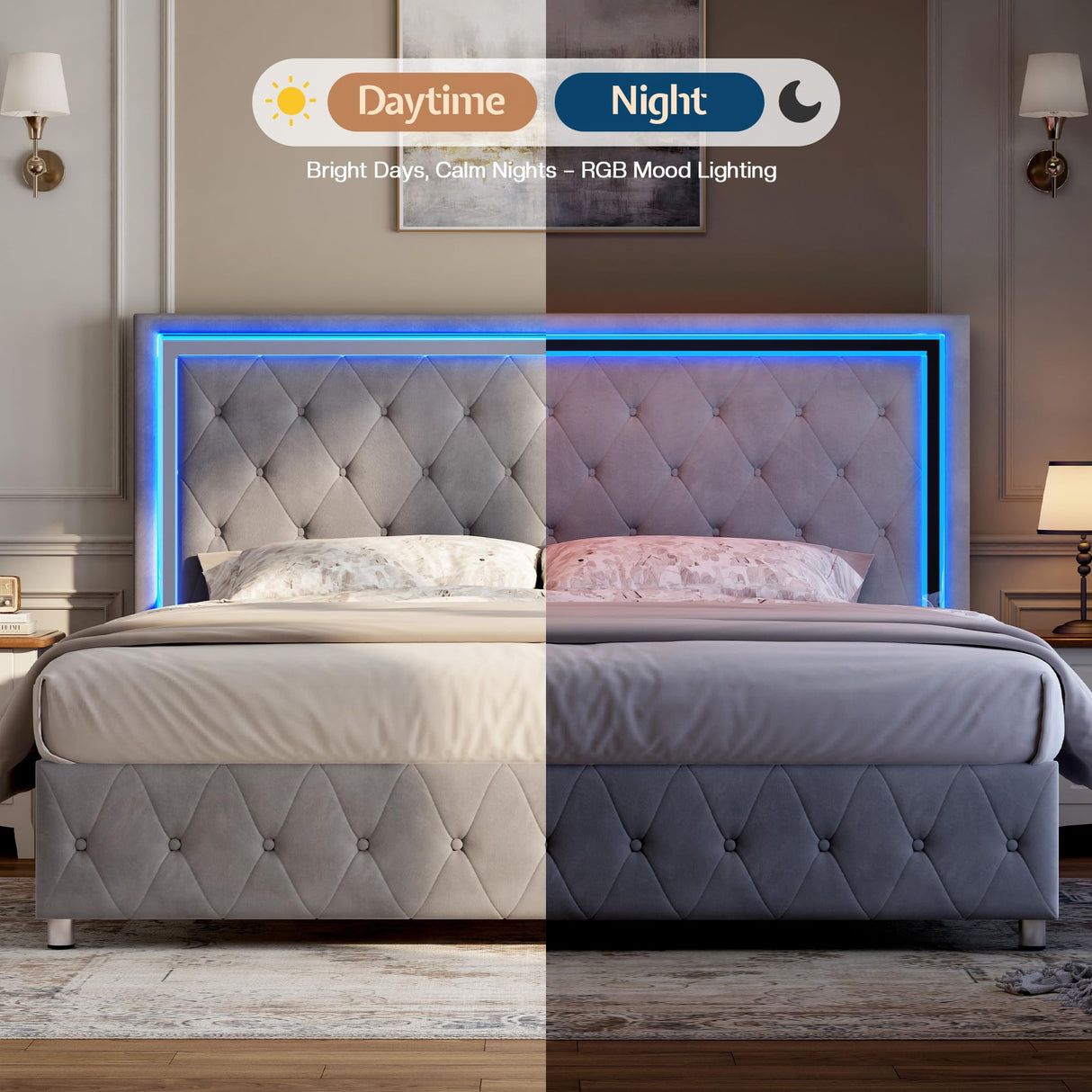 Jocisland Queen Bed Frame with LED Lights Headboard&Footboard, Velvet Upholstered Queen Size Platform Bed Frame No Box Spring Needed/Light Grey Jocisland