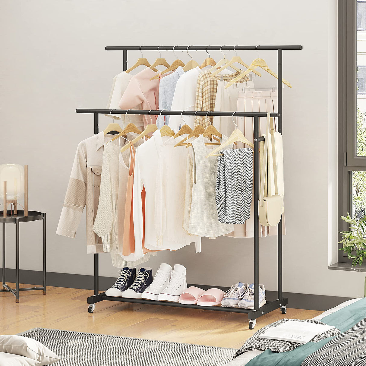 Calmootey Double Rod Clothing Garment Rack,Rolling Hanging Clothes Rack,Portable Clothes Organizer for Bedroom,Living Room,Clothing Store,Black Calmootey