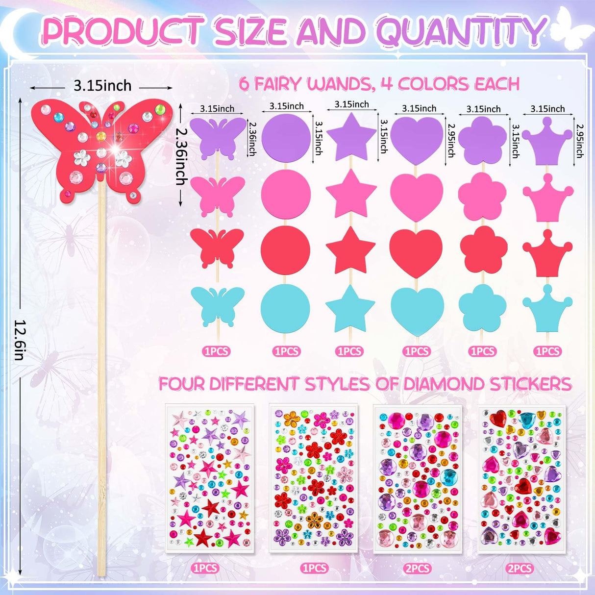 Juexica 24 Pcs Princess Fairy Wand Kit Includes 24 Make Your Own Princess Accessories 6 Styles Unfinished Wooden Fairy Wand and 6 Gem Stickers for Girls DIY Magical Craft(Rose Red, Purple, Pink, Blue) Juexica