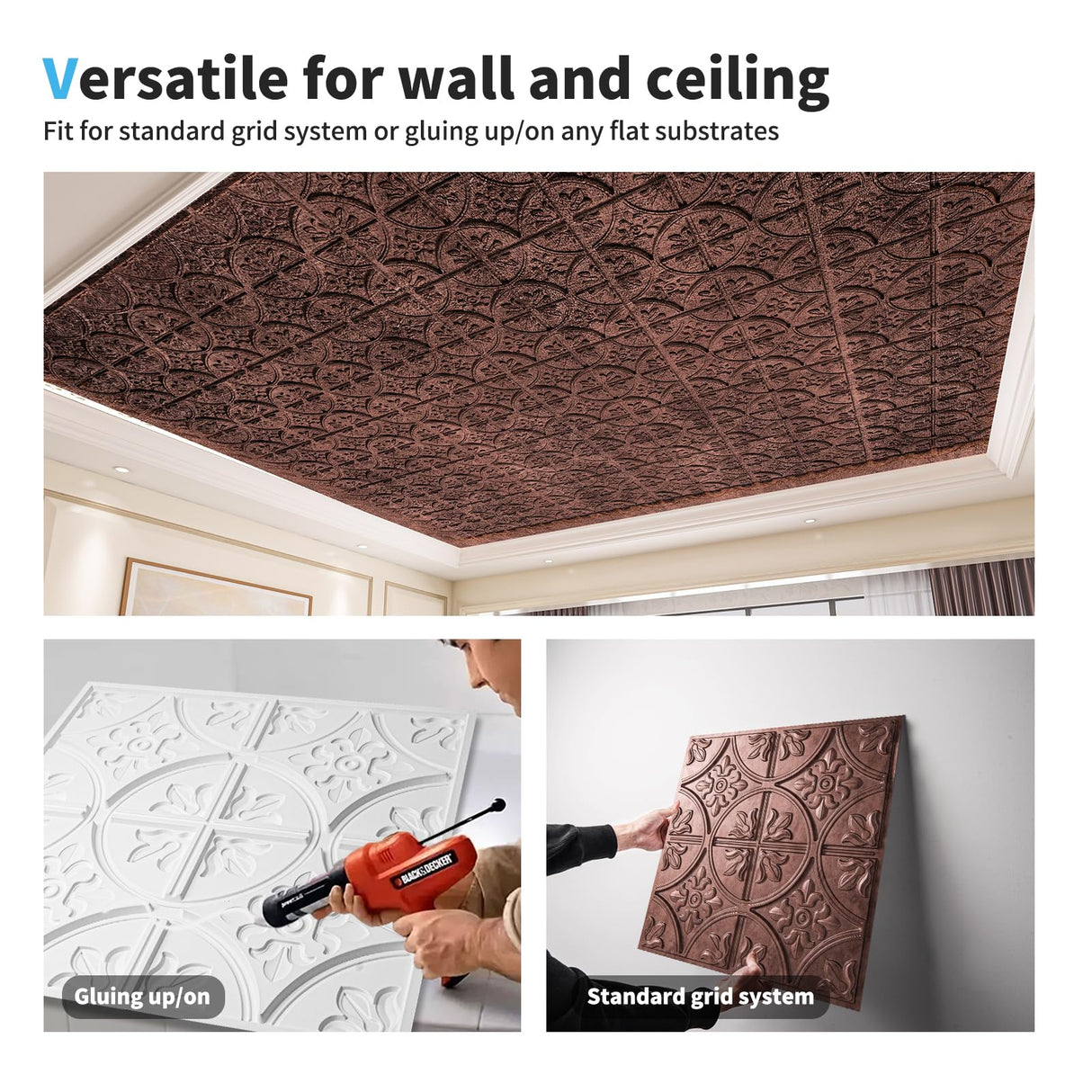 Art3d Drop Ceiling Tiles 2x2, Glue-up Ceiling Panel, Fancy Classic Style, Antique Copper Art3d