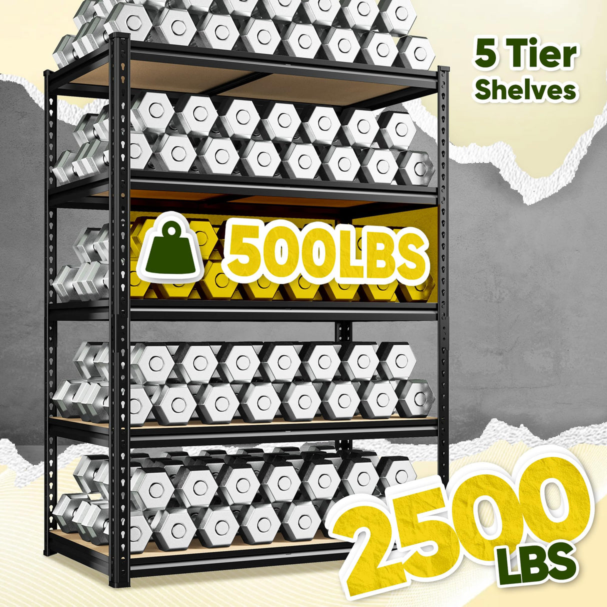 DurayLoly 72" H Garage Shelving, 5 Tier Storage Shelves Load 2500 lbs, Adjustable Garage Shelves, Metal Shelving Unit for Warehouse, Basement, Pantry, 40" Wx 16" D x 72" H, Black DurayLoly