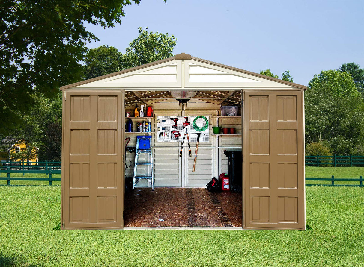 Duramax Woodbridge Plus 10.5 x 8 (8.02 m2) Plastic Garden Shed with 1 Fixed Window & Metal Foundation Kit, Strong Metal Roof Structure Fire Retardant and Maintenance-Free Storage Shed - Ivory/Brown DURAMAX