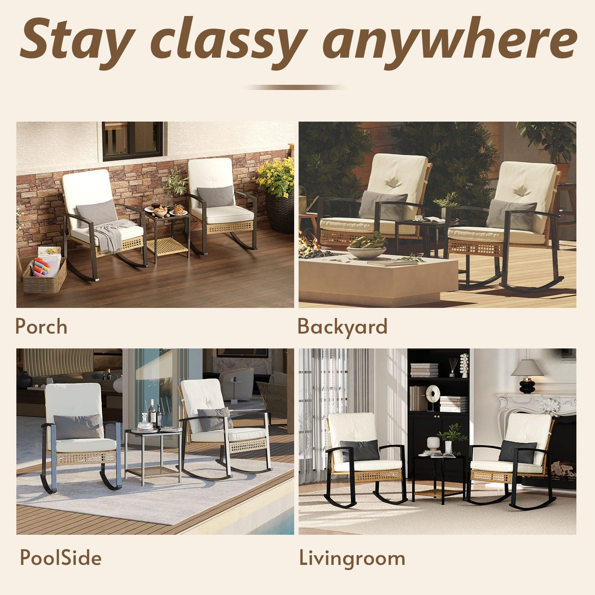 Rotihom 3 Piece Patio Rocking Chairs Set of 2, Outdoor Rocking Chair Bistro Set with Tempered Glass Coffee Table and Thick Lumbar Pillow Set, Front Porch Chairs for Garden, Backyard, Poolside (Beige) Rotihom