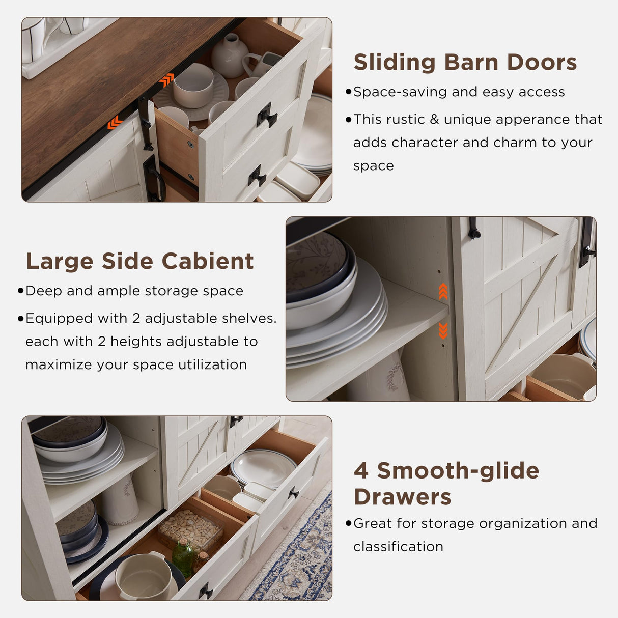 T4TREAM Farmhouse Sideboard Buffet Cabinet with Storage, 31.2'' Tall Kitchen Cabinet with 2 Sliding Barn Doors and 4 Drawers, Rustic Wood Coffee Bar Table for Dining Room, Antique White T4TREAM