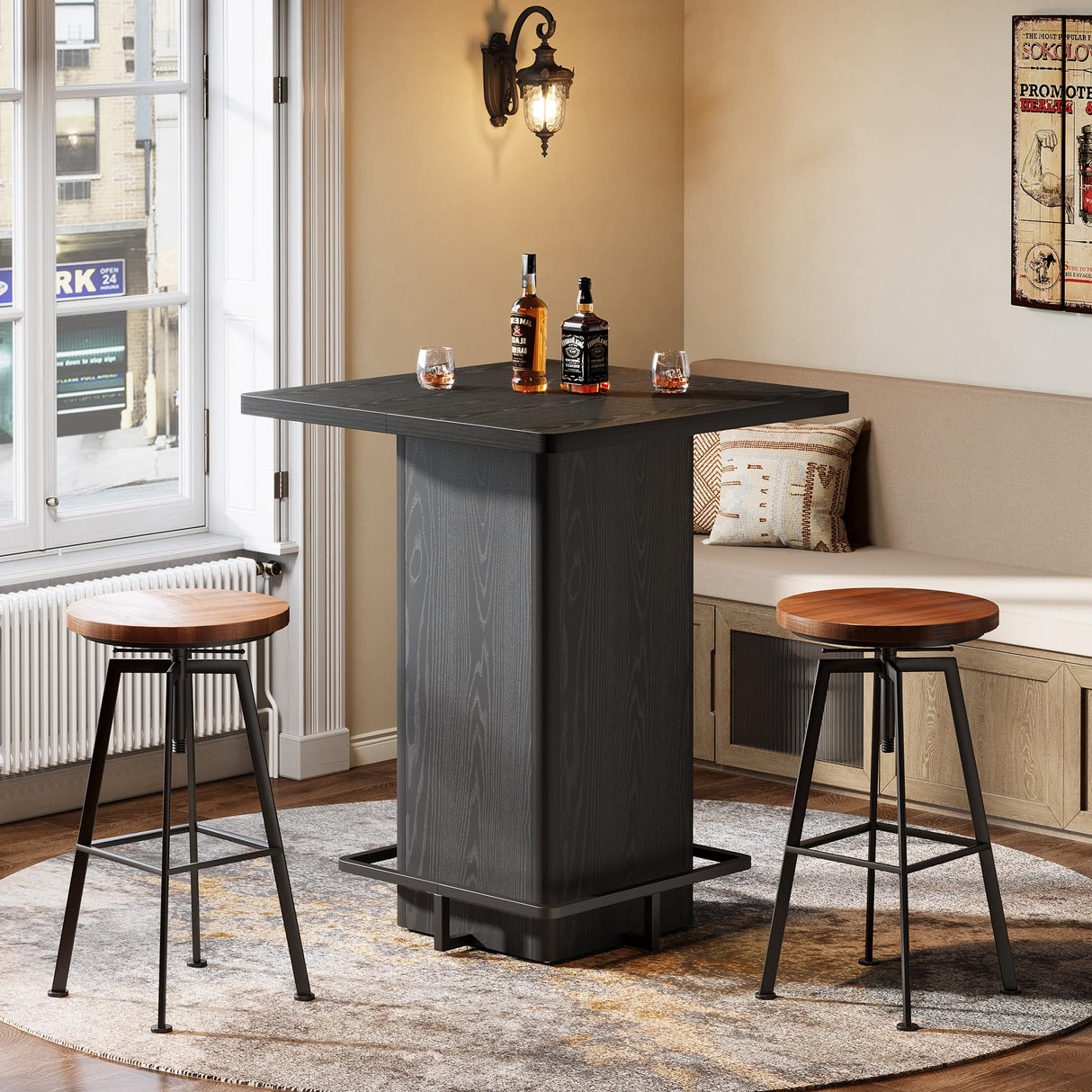 Tribesigns Bar Table, 39.37" High Wooden Square Bistro Pub Table with Metal Frame Footrest for Dining Coffee Cocktail Living Room, Small Space, Black Tribesigns