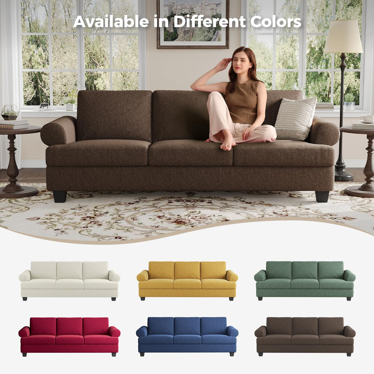 COPIAE 91 Inch Lawson Sofa with Extra Deep Seats Oversize, Mid-Century 3-Seat Sofa Couch, for Living Room, Apartment, Lounge, Brown COPIAE