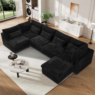 130" Oversized Cloud Couch Large Modular Sectional Sofa Modern U Shaped Sectional Couch 6 Deep Seat Sofa Set for Living Room Comfy Plush Corduroy Cloud Sofa with Ottoman, USB Port, Cup Holder, Black