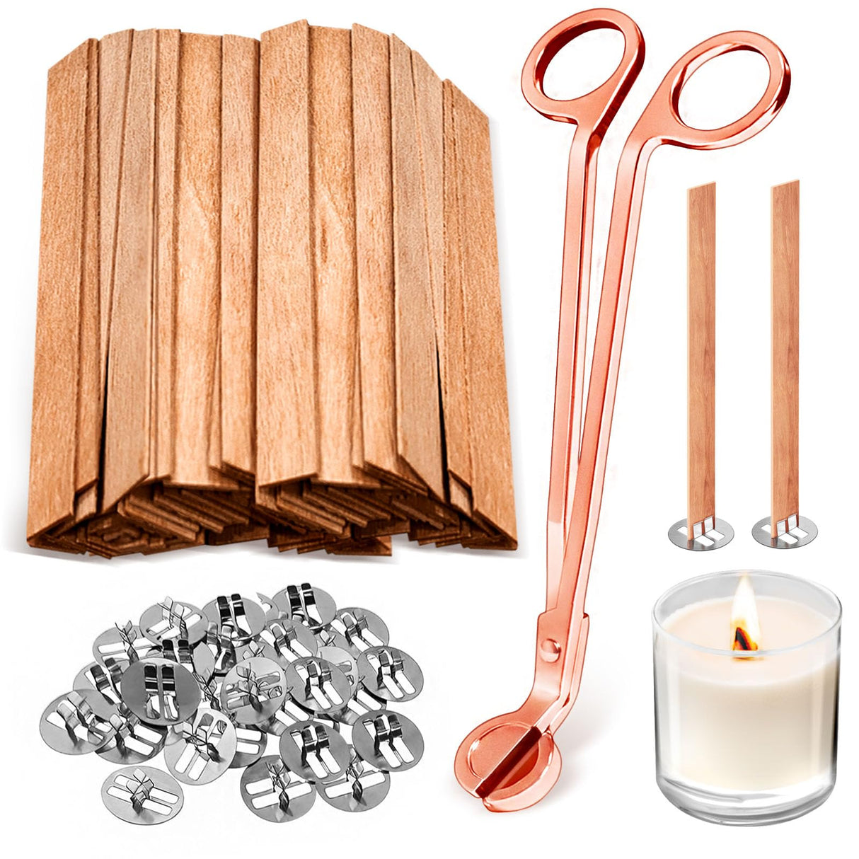 CollectHall 100 Pcs Thickened Wood Wicks, Wood Wicks for Candles Making with Wick Trimmer, Candle Wicks 5.1×0.5×0.04 Inches for DIY Candle-Making, Long Lasting Flame, Easy to Burn (50 Sets) CollectHall