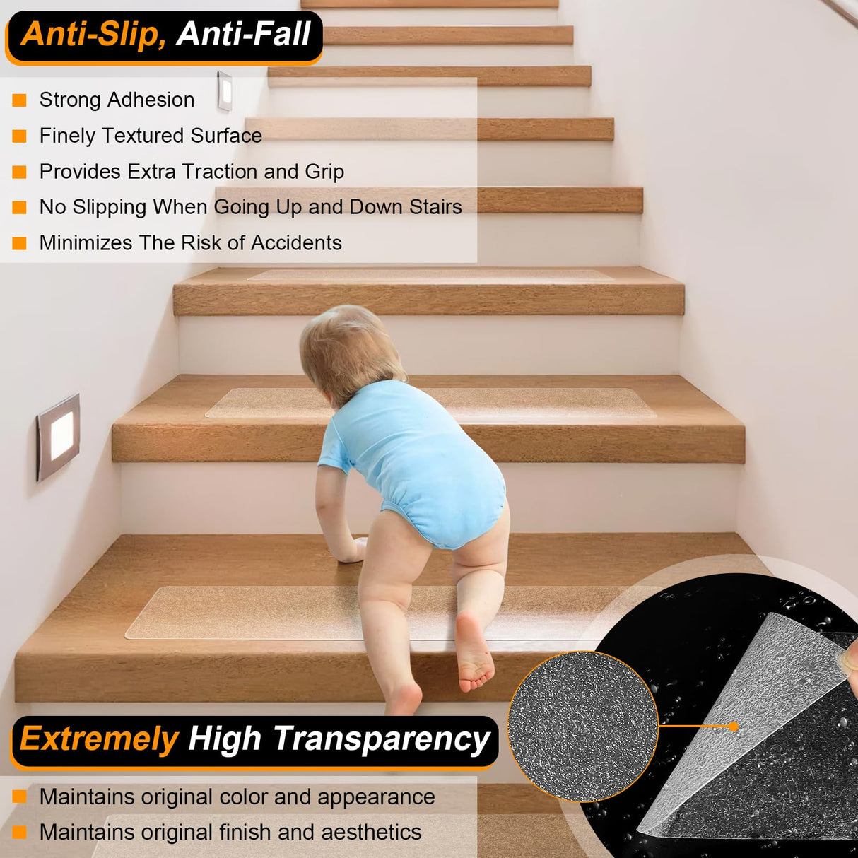 SMILOOL Clear Non Slip Stair Treads for Wooden Steps Indoor, 4" x 40" 5 Pack, Pre-Cut Anti Slip Stair Strips for Wood Stairs, Waterproof Grip Tape for Kids Elders and Pets, Transparent SMILOOL