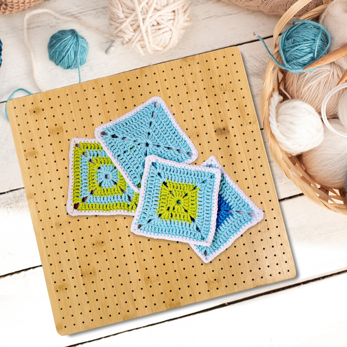 Iswabard 13x13 Inch Blocking Mats Blocking Board for Crocheting with 15 Stainless Steel Rods Crochet Blocking Board Large Base Bamboo Granny Square (Bamboo-C13‘’) Iswabard