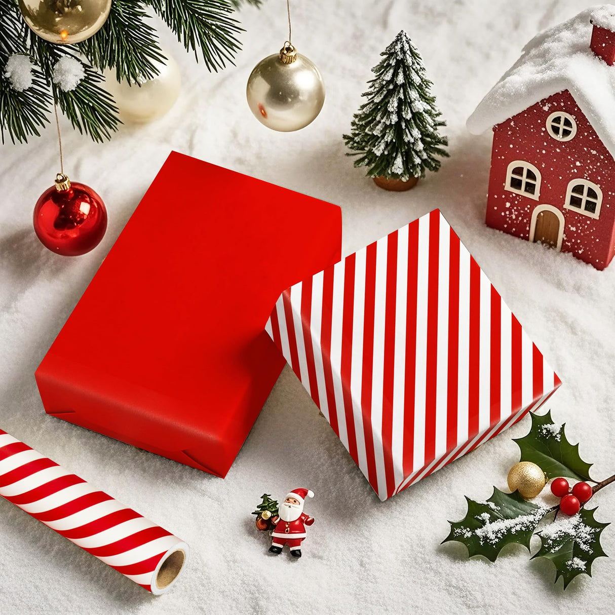 WRAPAHOLIC Reversible Wrapping Paper - Mini Roll - 17 Inch x 33 Feet - Red and Stripes Design for Christmas, Birthday, Holiday, Wedding, Baby Shower WRAPAHOLIC