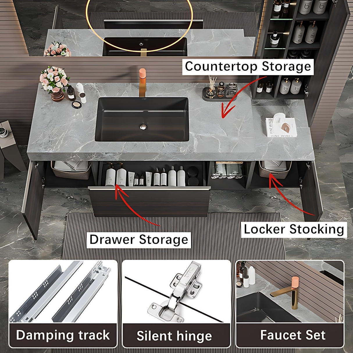 ZGNBSD Bathroom Vanity with Sink- Solid Wood Bathroom Vanity Include Smart LED Defog Mirror & Multi-Cabinet Storage Space, Wall Mounted Bathroom Vanity Cabinet (60'') ZGNBSD