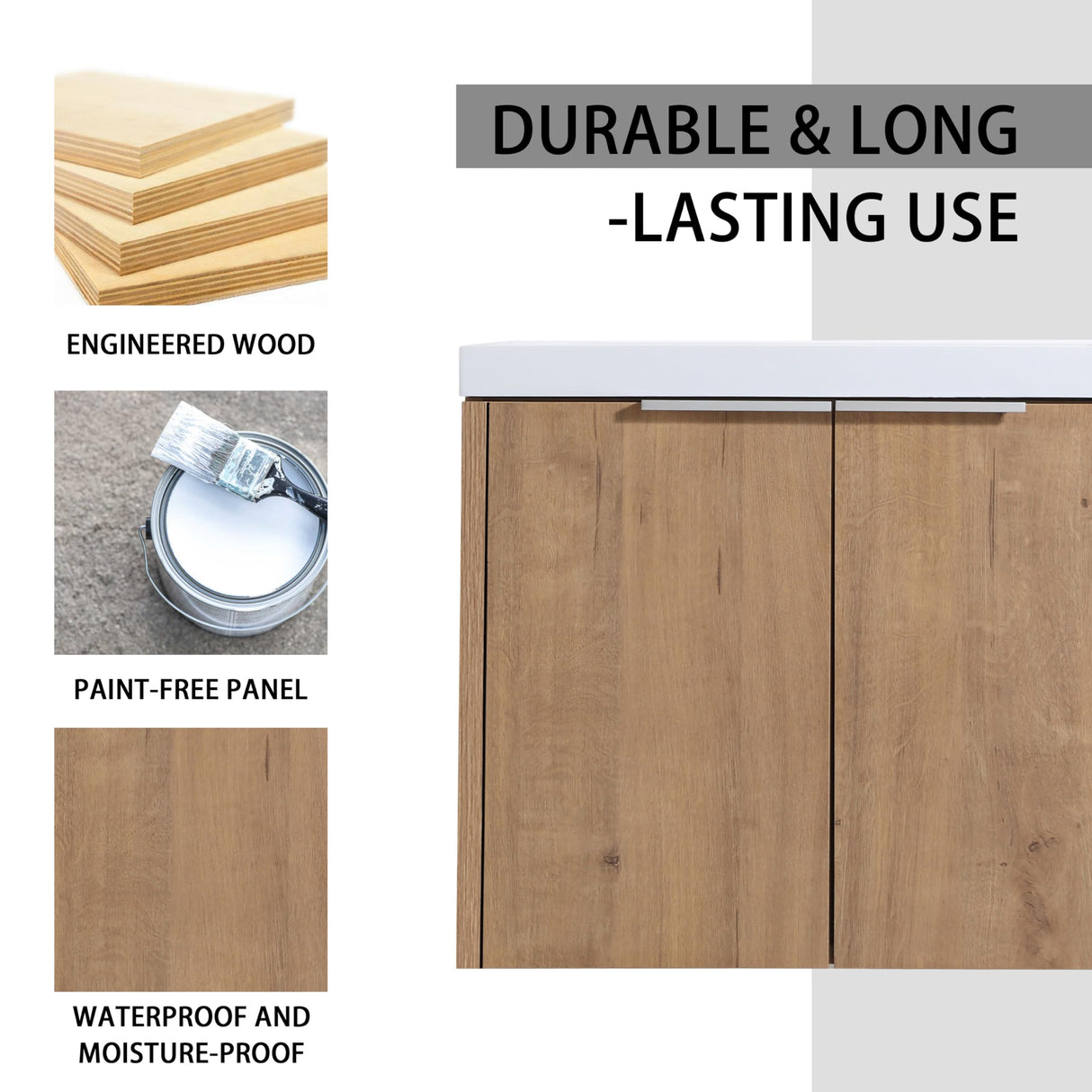 60" Floating Double Sink Bathroom Vanity Brown Wall Mount Bathroom Vanity Cabinet with Sink Combo, 60-Inch Bathroom Vanities Set with Open Storage Shelf & 2 Side Cabinet & 2 24in Bathroom Vanities Henf